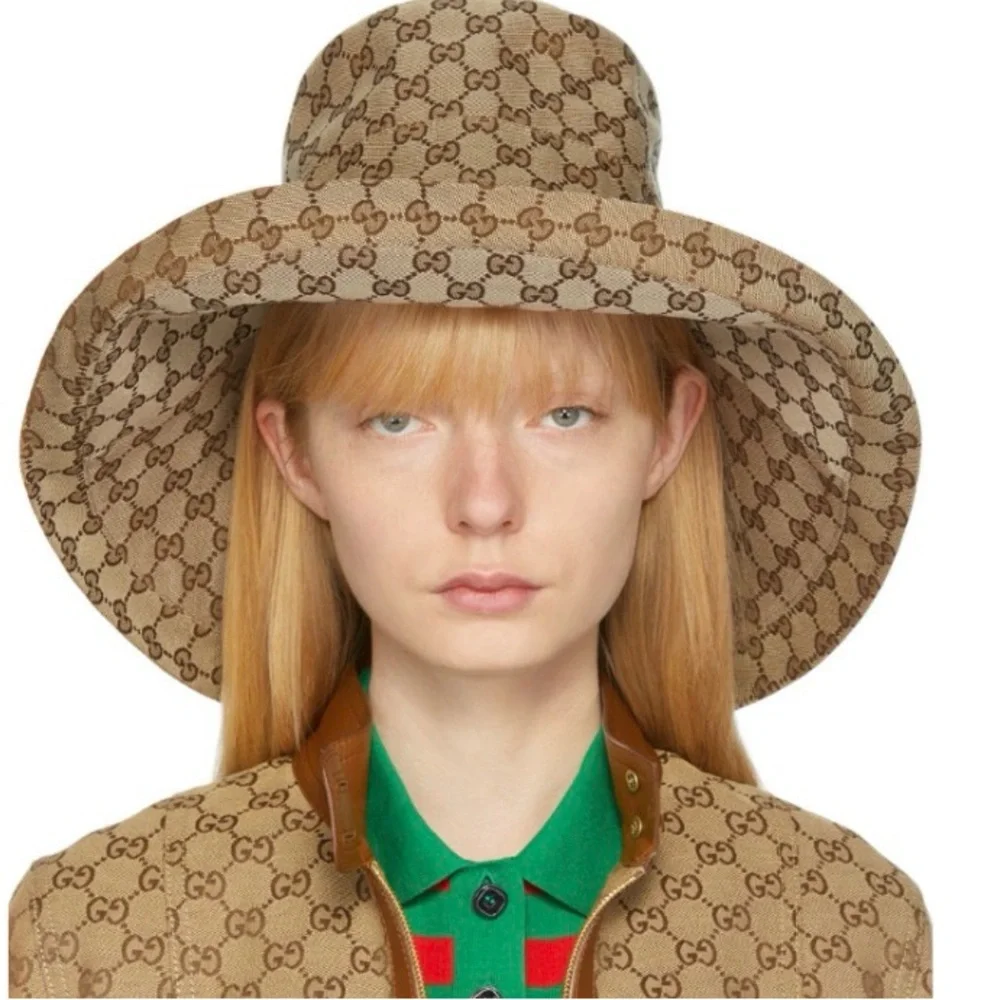 Gucci Beige GG Monogram Bucket Hat Wide Large Brim Tan Canvas Jacquard Logo - Picture 3 of 16